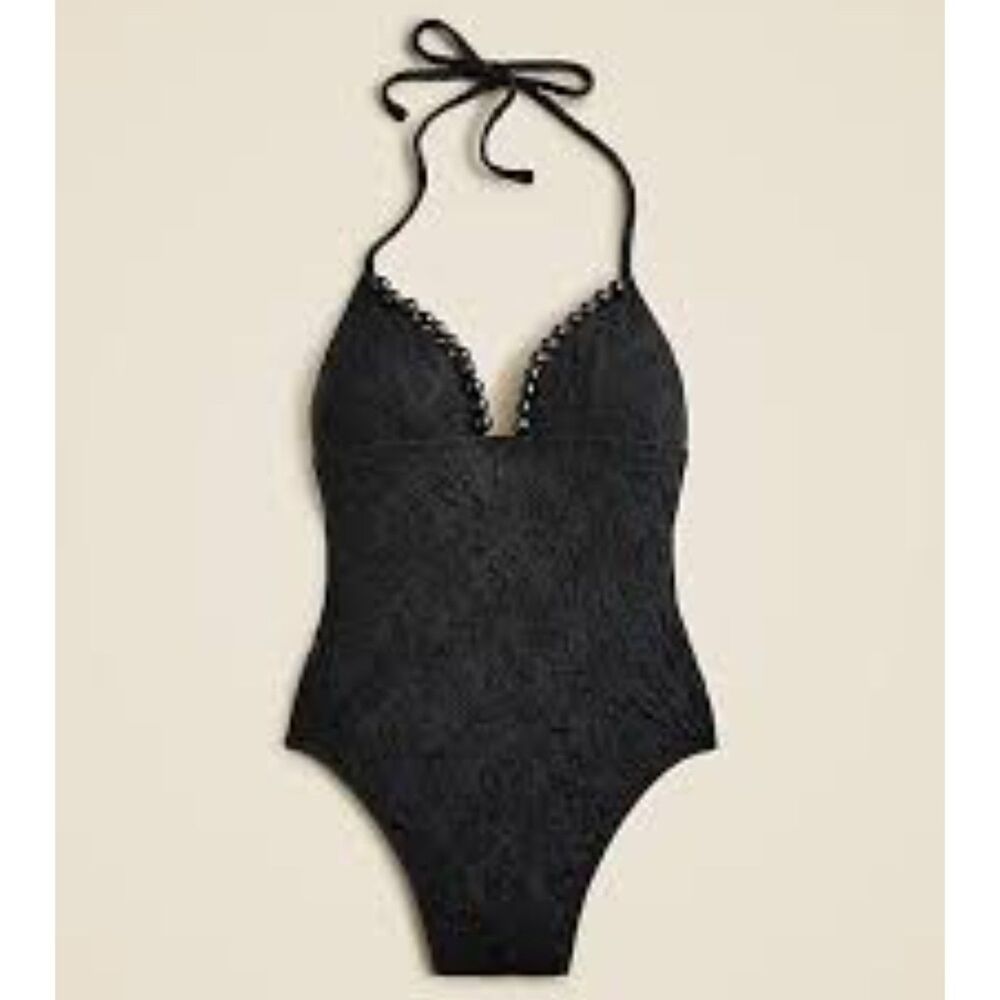 J.CREW NWT Swimsuit sz18 Black Cloque One Piece Beaded Trim Tie Neck Open Back - Picture 2 of 15